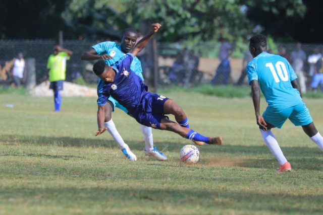Buganda Province midfielder Said Kyeyune brought down by Lango Province player in he opening game