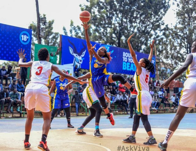JKL Lady Dolphins (blue) in action against KCCA Leopards on Sunday. FUBA Photo